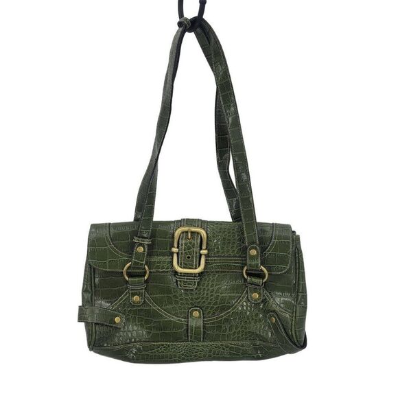Vintage Green Vegan Faux Croc Shoulder Bag Satchel Gold Buckle Multiple Pockets - Picture 1 of 13